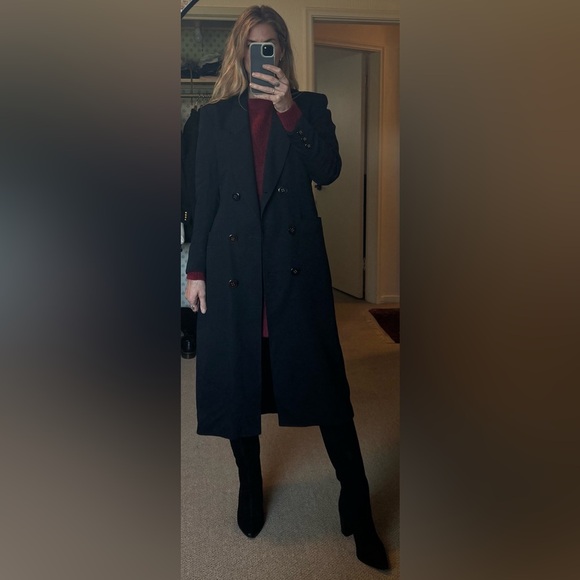 Vintage Louis Feraud Double Breasted 100% New Wool Black Trench Coat Jacket - Picture 12 of 13